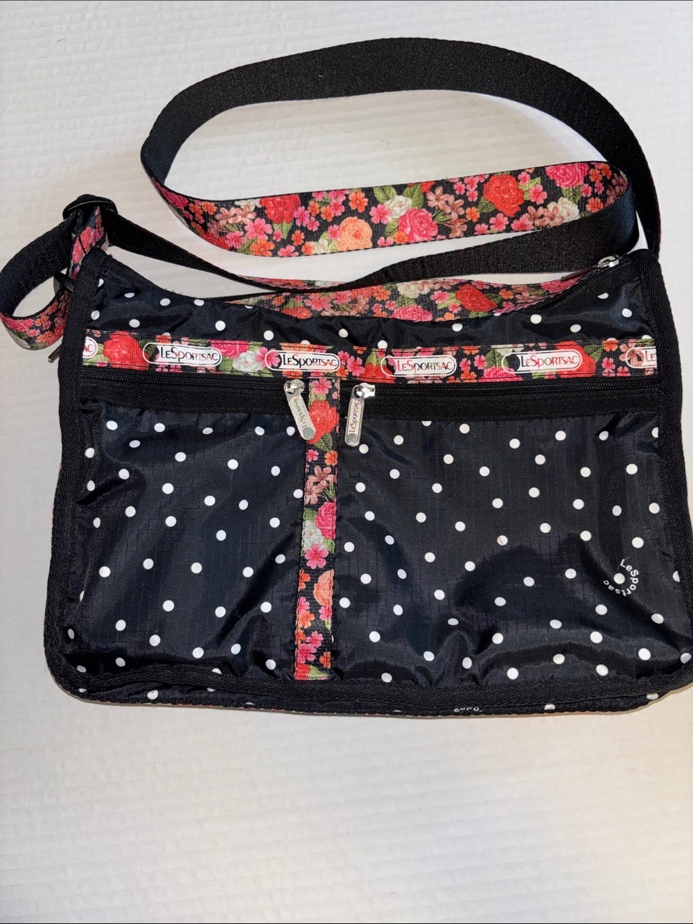 LeSPORT SAC BLACK AND WHITE POLKA DOT WITH RED / PINK ROSE FLORAL DESIGN